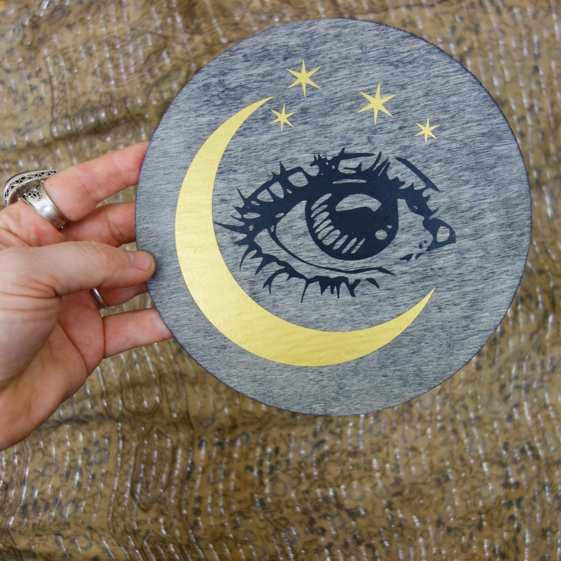 Moon witch all seeing eye wall art 6 wood, modern witchcraft mystical altar feminist home decor, celestial evil eye gold silver crescent image 6
