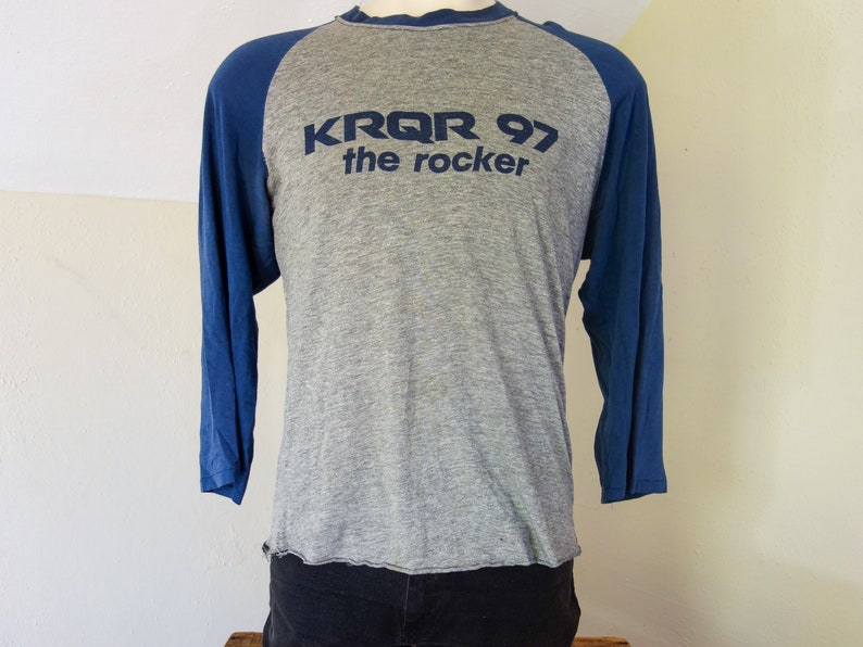 Vintage KRQR SF radio t shirt large XL, 80s super worn in, thin, soft faded baseball tee, rock & roll California Bay Area single stitch image 2