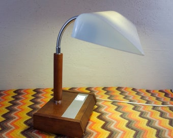 Vintage 70s gooseneck flourescent desk lamp, wood and plastic retro home decor by Panasonic Model FS-234E MCM mid century large table lamp