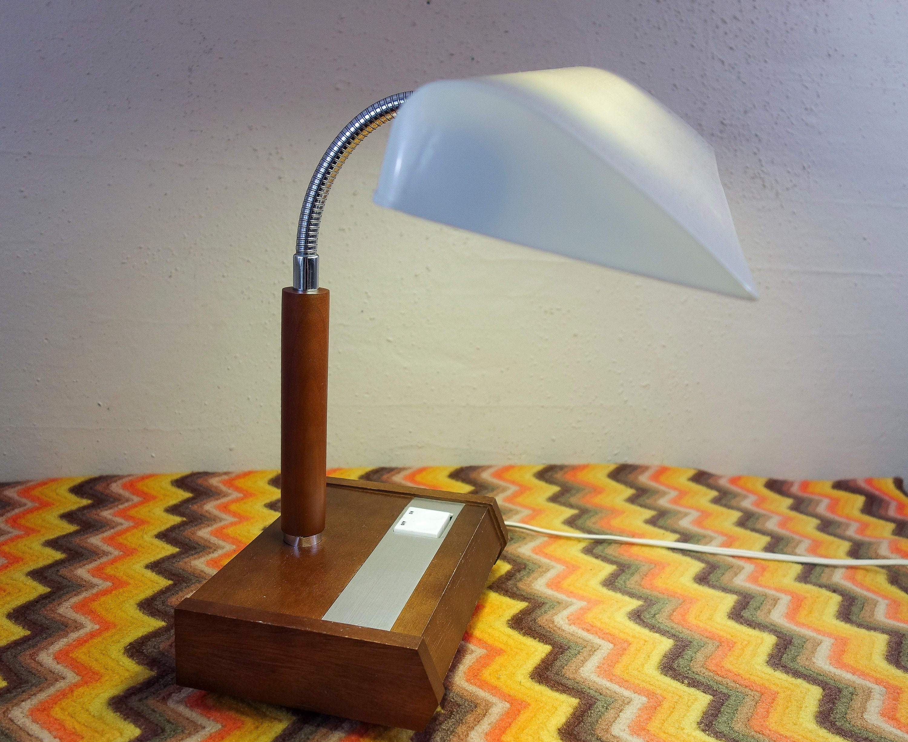 Vintage 70s gooseneck flourescent desk lamp, wood and plastic retro home decor by Panasonic Model FS-234E MCM mid century large table lamp
