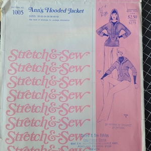 May include: A vintage sewing pattern for a hooded jacket. The pattern is called "Ann's Hooded Jacket" and is for sizes 30-32-34-36-38-40-42. The pattern is from Stretch & Sew Fabrics, located in Portland, Oregon. The suggested retail price is $2.50 in the USA and $2.75 in Canada.