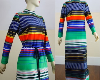 70s long sleeve maxi size small or medium, body con stretch dress black colorful polyester horizontal stripe for party outfit, mcm mod