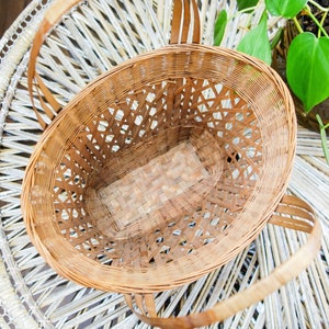 Vintage woven basket with handles 13 x 9.5 thin wicker rattan table top or decorative wall basket farmhouse decor wall hanging image 6