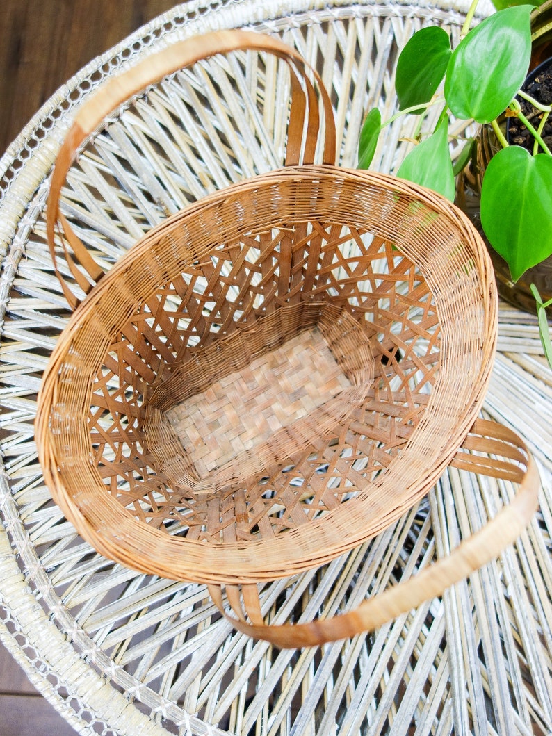 Vintage woven basket with handles 13 x 9.5 thin wicker rattan table top or decorative wall basket farmhouse decor wall hanging image 6