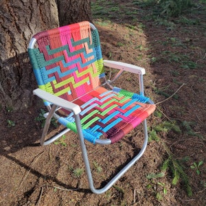 Handmade macrame woven lawn chair neon colors pink, blue, green, unique outdoor furniture for camping, glamping, van life forest fathers image 1