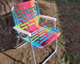 Handmade macrame woven lawn chair neon colors pink, blue, green, unique outdoor furniture for camping, glamping, van life forest fathers