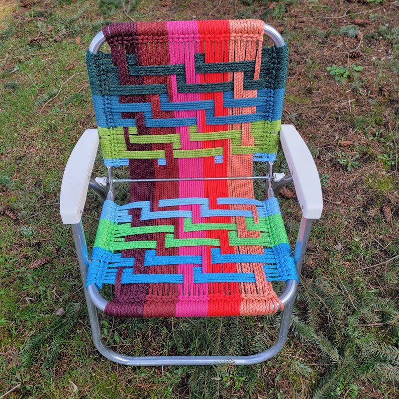 Handmade macrame woven lawn chair neon colors pink, blue, green, unique outdoor furniture for camping, glamping, van life forest fathers image 3