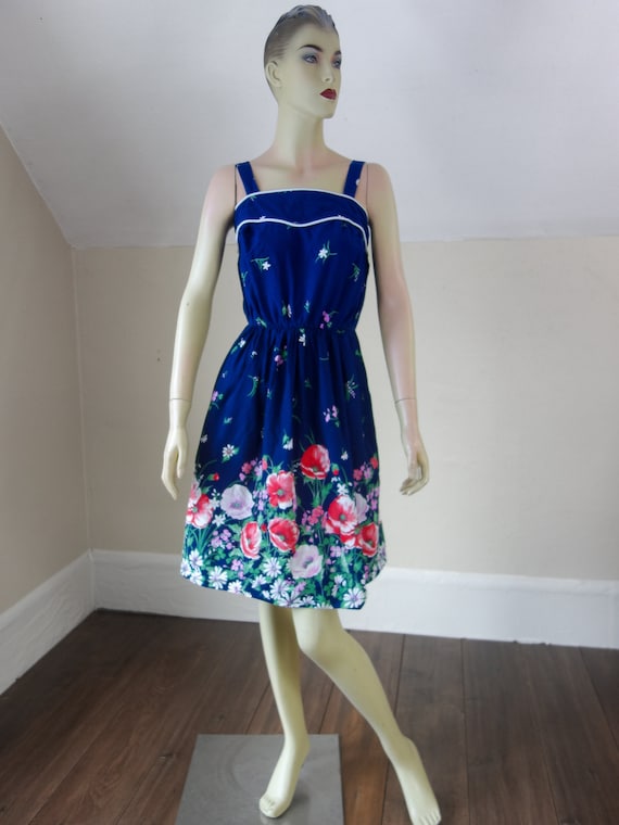 70s Floral Sundress: Navy Blue Vintage Cotton Summer Dress, Size Small