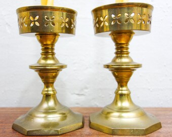 Vintage set of 2 large brass candle holders with cut out detail, heavy taper with large bowl for offerings or display, bohemian home decor
