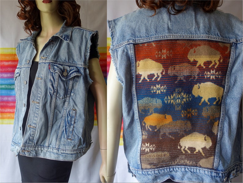 Levi's trucker vest w/ buffalo back patch size large denim jean cut off jacket pendleton style wool, unisex 90s grunge punk rocker clothing image 1