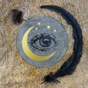 Moon witch all seeing eye wall art 6 wood, modern witchcraft mystical altar feminist home decor, celestial evil eye gold silver crescent image 3