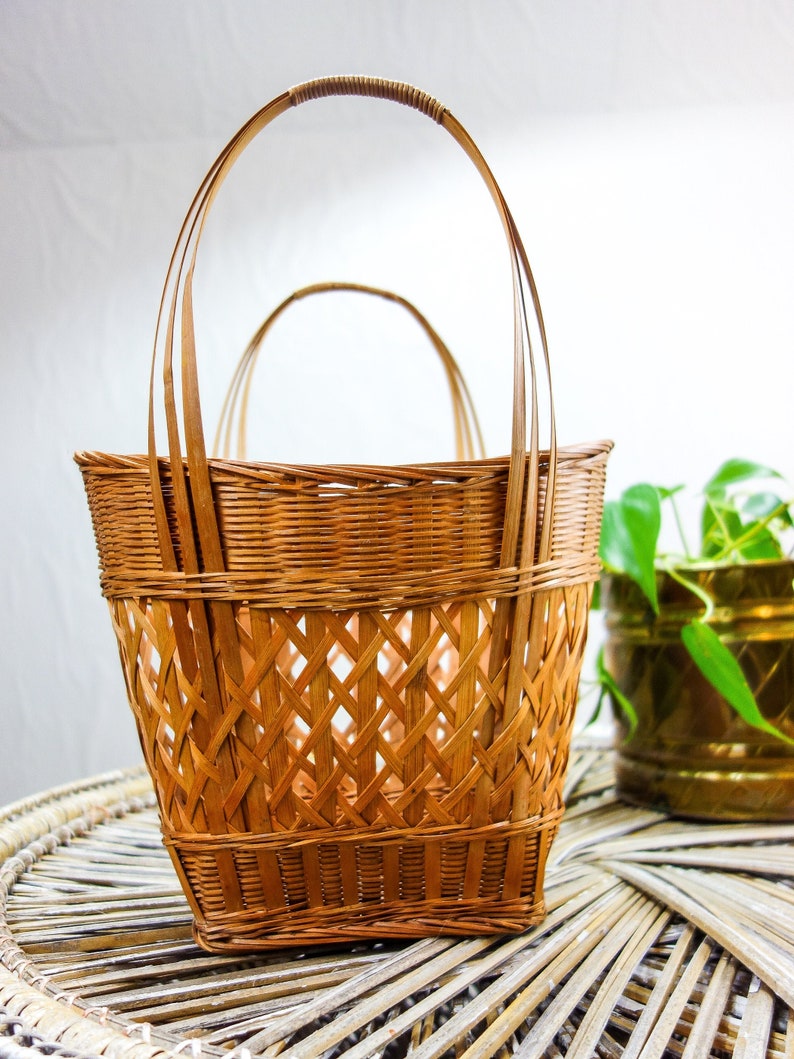 Vintage woven basket with handles 13 x 9.5 thin wicker rattan table top or decorative wall basket farmhouse decor wall hanging image 4