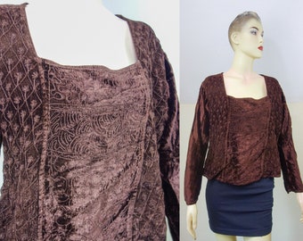 90s velour top size small or medium, vintage long sleeve shirt cottagecore fairy grunge hippie style, pullover boxy embroidered flare loose