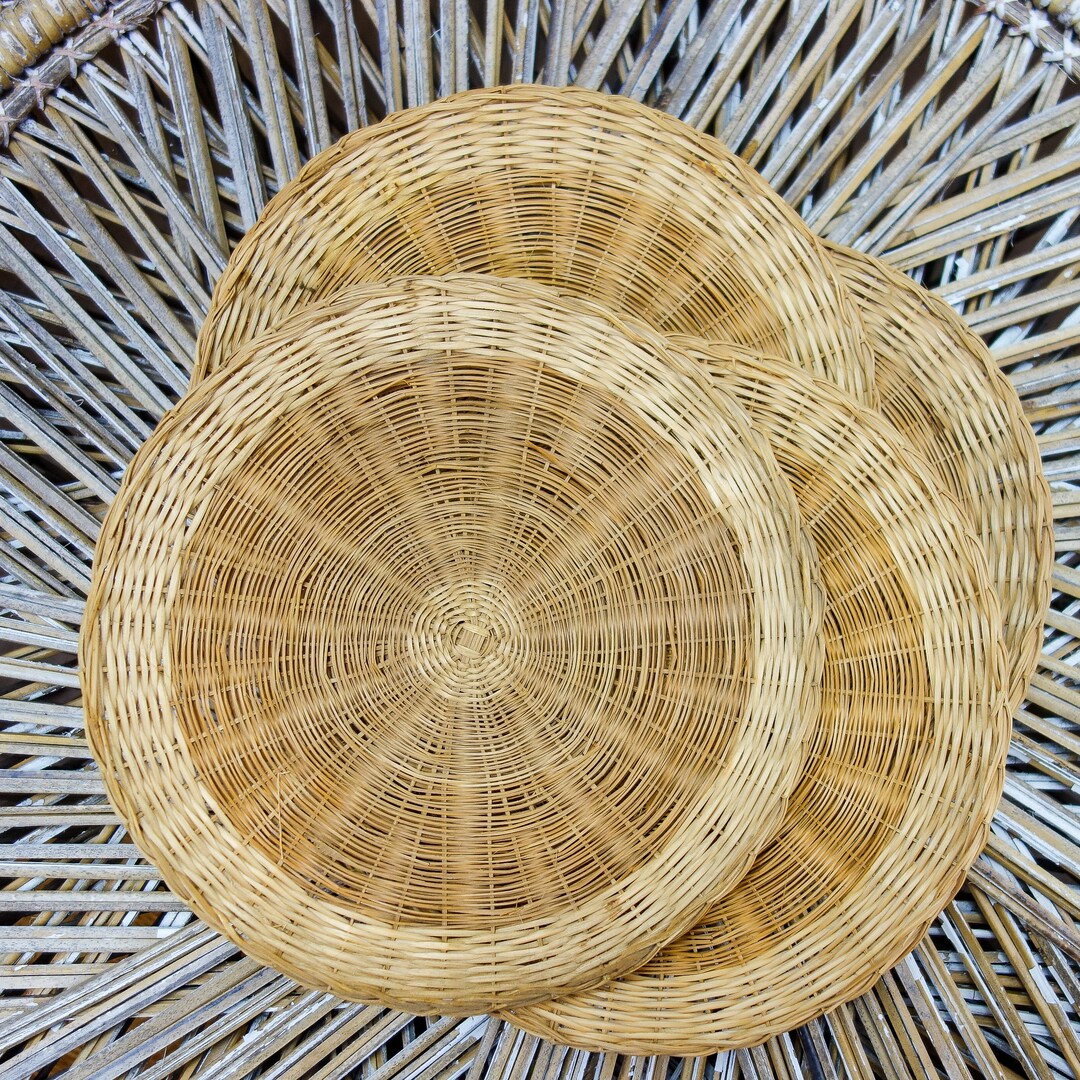 Vintage Woven Rattan Paper Plate Holders, Wicker Tray for BBQ, Picnic