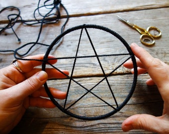 Pentagram wall hanging 5-10" minimalist witch home decor ornament simple black witchy wall art altar decor, macrame goth dark decor pentacle