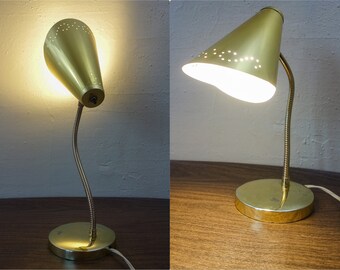 Vintage gooseneck brass desk lamp, groovy MCM cone shaped bullet shade adjustable flexible neck metal gold tone table lamp w/ punched holes