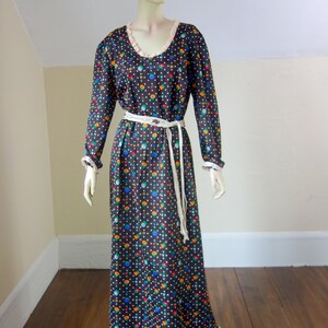 70s XL handmade volup maxi dress dark brown floral polyester long sleeve w/ lace trim, prairie cottagecore bohemian plus size hippie style image 5