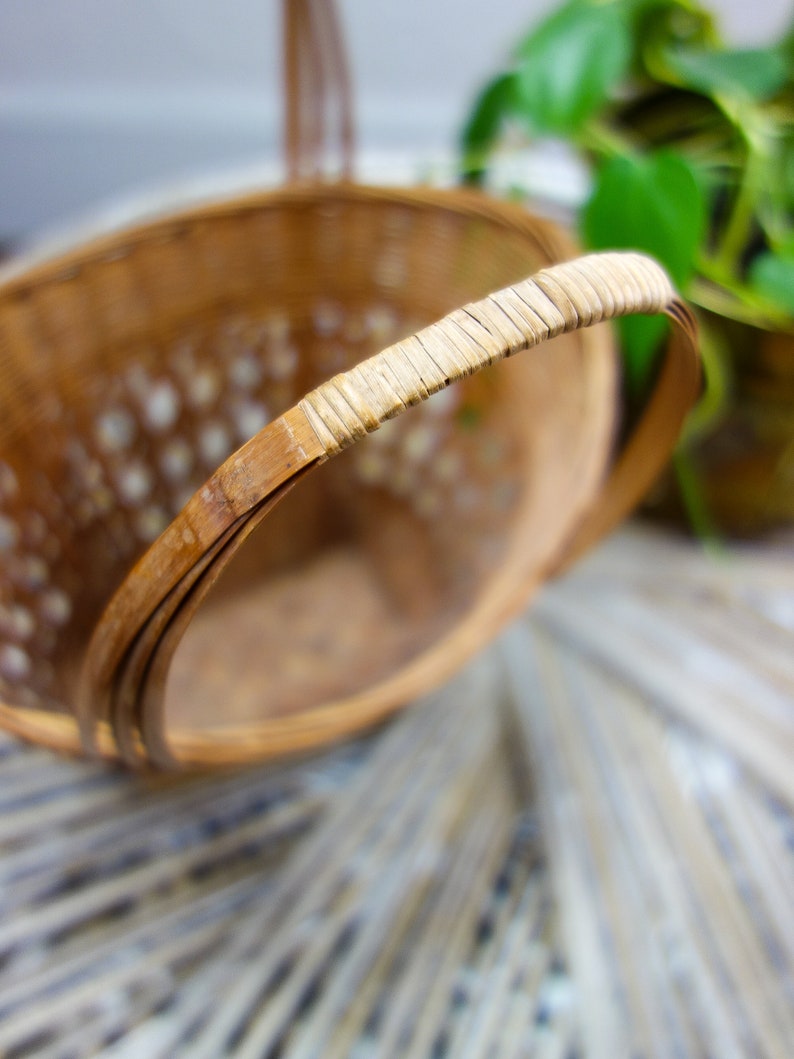 Vintage woven basket with handles 13 x 9.5 thin wicker rattan table top or decorative wall basket farmhouse decor wall hanging image 7