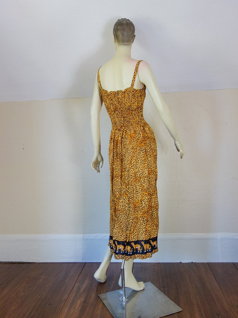 Vintage leopard print dress size small medium or large, 90s Y2K animal print sexy sleeveless smocked sundress with spaghetti straps image 5