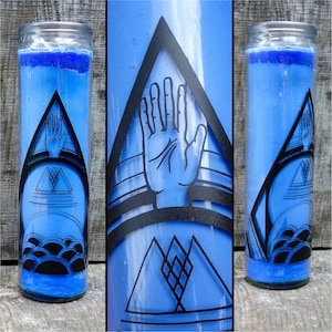 Witchy glass 7 day protection candle, geometric witch home decor prayer or spell metaphysical, occult art symbol hands candleholder altar