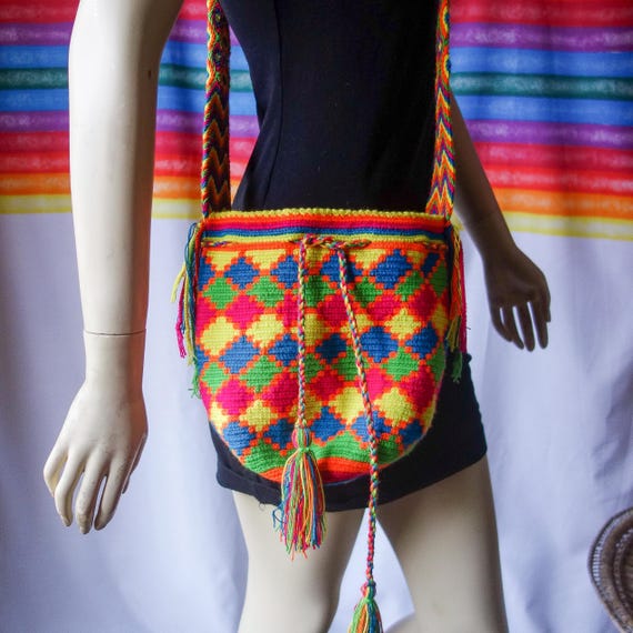 Vintage Woven Hippie Purse 10x10 Unique NEON Cotton Shoulder Bag or Small Crossbody Festival Geometric Wayuu Mochila Fabric Tote Colombia Etsy Ireland