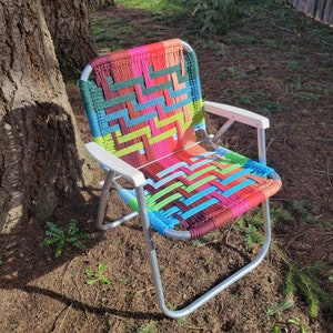 Handmade macrame woven lawn chair neon colors pink, blue, green, unique outdoor furniture for camping, glamping, van life forest fathers image 4