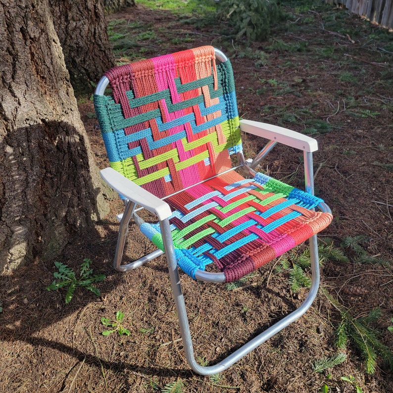 Handmade macrame woven lawn chair neon colors pink, blue, green, unique outdoor furniture for camping, glamping, van life forest fathers image 4