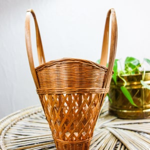 Vintage woven basket with handles 13 x 9.5 thin wicker rattan table top or decorative wall basket farmhouse decor wall hanging image 2