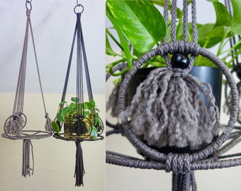 Unique macrame plant hanger, vintage inspired modern minimalist custom hanging planter w/ fringe, boho shelf statement piece for plant lover