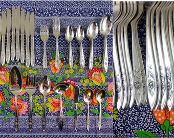Vintage 61 piece Oneida My Rose silverware set, Community Stainless 60s 70s flatware, salad dinner fork, teaspoon, tablespoon, knife serving