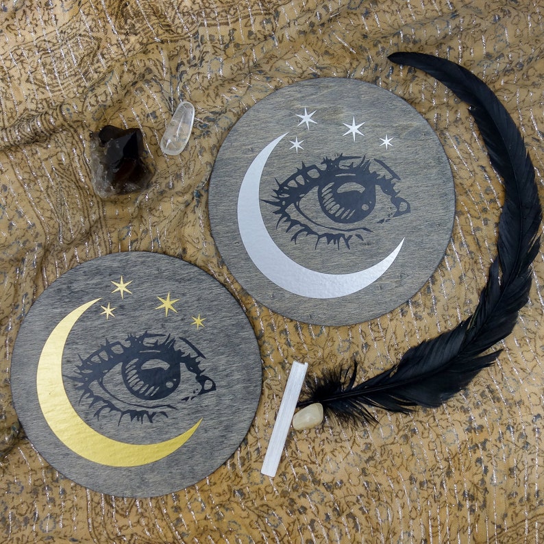 Moon witch all seeing eye wall art 6 wood, modern witchcraft mystical altar feminist home decor, celestial evil eye gold silver crescent image 2