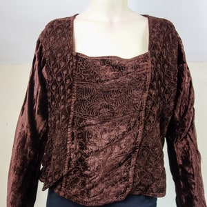 90s velour top size small or medium, vintage long sleeve shirt cottagecore fairy grunge hippie style, pullover boxy embroidered flare loose