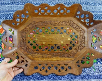 Vintage large Indian wood tray 16x11", rectangular carved eclectic bohemian display hippie home decor rosewood w/ inlaid brass floral motif