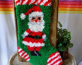 Vintage huge latchhook Christmas stocking 2 ft long, Santa Claus retro 80s kitchy Xmas holiday mantle decor wall hanging in red green white