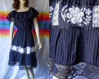 Vintage black Mexican dress size S/M/L/XL, off shoulder floral and lace boho or goth summer midi sun dress, ruffle crochet festival wear