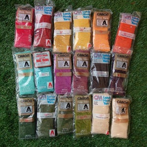 May include: A collection of 18 packages of Caron Latch Hook Rug Yarn in various colors, including red, orange, yellow, green, blue, purple, brown, and beige. Each package has a label with the brand name "Caron" and the text "Latch Hook Rug Yarn".