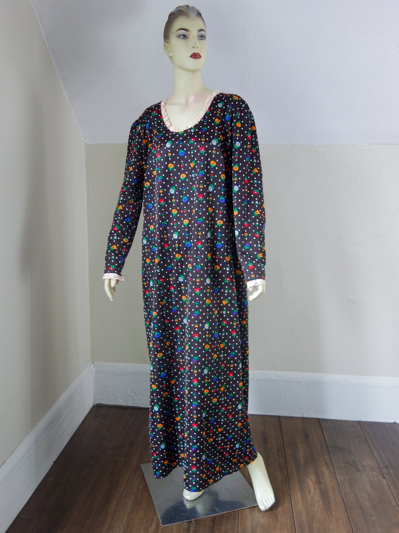 70s XL handmade volup maxi dress dark brown floral polyester long sleeve w/ lace trim, prairie cottagecore bohemian plus size hippie style image 2