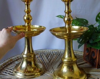 Extra large 15" tall brass candleholder with wide offering bowl for altar decor, huge candlestick table centerpiece pillar candle holder
