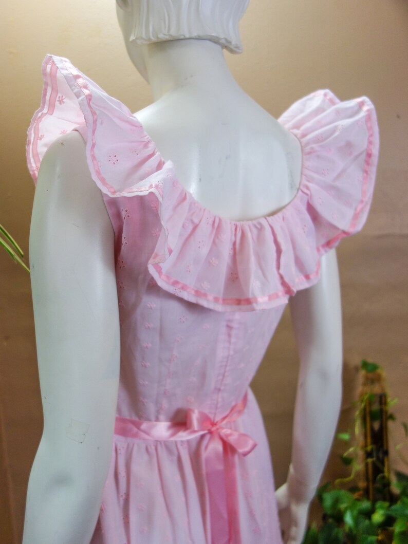 Satin and Ruffle Collar 70s Prairie Angelic 60s Prom Vintage Long Maxi Innocent Pastel Color Gown Full Length Pink Eyelet Princess Dress