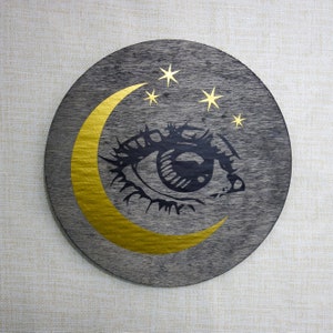 Moon witch all seeing eye wall art 6 wood, modern witchcraft mystical altar feminist home decor, celestial evil eye gold silver crescent image 9