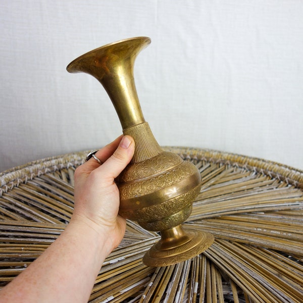 Large vintage etched flared brass vase 9" tall pedestal base, India antique vessel, bohemian decor altar offering, dining table centerpiece
