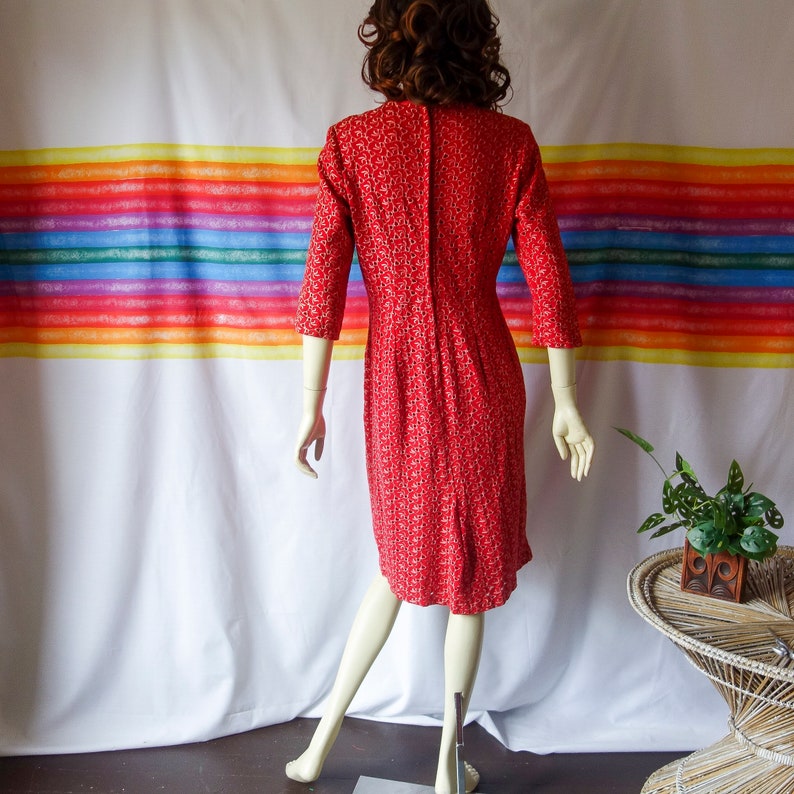 60s wiggle dress size small red cotton, vintage wounded 50s 3/4 sleeve cocktail garden party crew neck modest professional work or day dress image 3