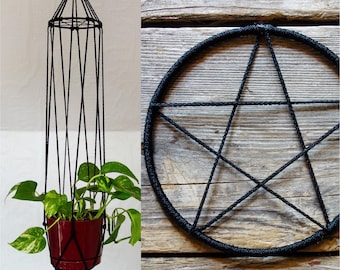 Pentagram macrame plant hanger, black witchy home decor minimalist hanging planter witchcraft goth dark decor, pentacle wall art unique