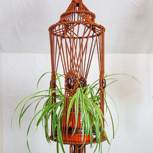 May include: A brown macrame plant hanger with a round top and a long, fringed bottom. The hanger is holding a green plant in a red pot.