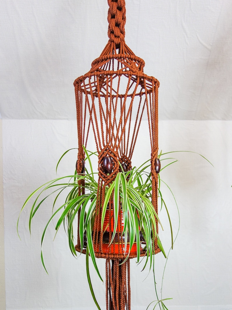 May include: A brown macrame plant hanger with a round top and a long, fringed bottom. The hanger is holding a green plant in a red pot.