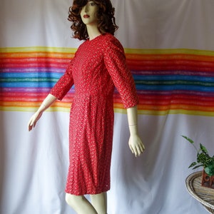 60s wiggle dress size small red cotton, vintage wounded 50s 3/4 sleeve cocktail garden party crew neck modest professional work or day dress image 5