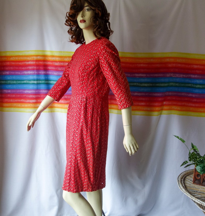 60s wiggle dress size small red cotton, vintage wounded 50s 3/4 sleeve cocktail garden party crew neck modest professional work or day dress image 5
