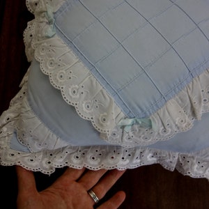 Vintage 80s square throw pillow 13x13 pastel blue with ribbon and lace ruffle for shabby cottagecore decor, nursery accent pillowcase image 5