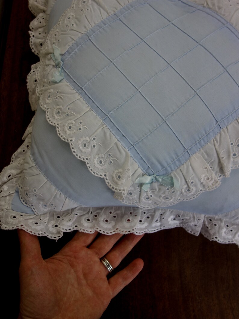 Vintage 80s square throw pillow 13x13 pastel blue with ribbon and lace ruffle for shabby cottagecore decor, nursery accent pillowcase image 5