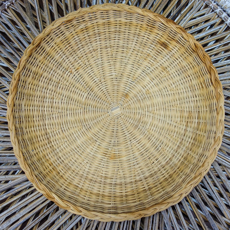 Vintage Woven Rattan Tray, 15 XL Large Wicker Plate for BBQ, Picnic, Camping, Heavy Duty Platter, Hanging Wall Basket Bohemian Wall Art image 2